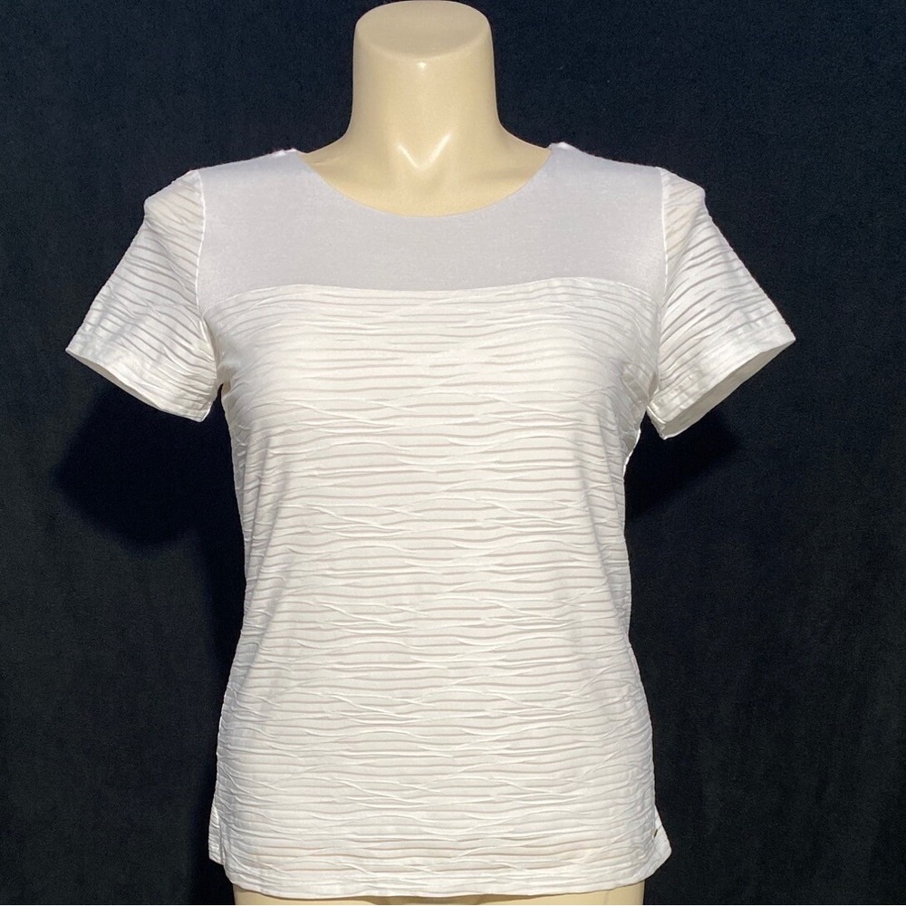 Calvin Klein Top LARGE True White Burnout Texture Stripe Short Sl Casual Cozy